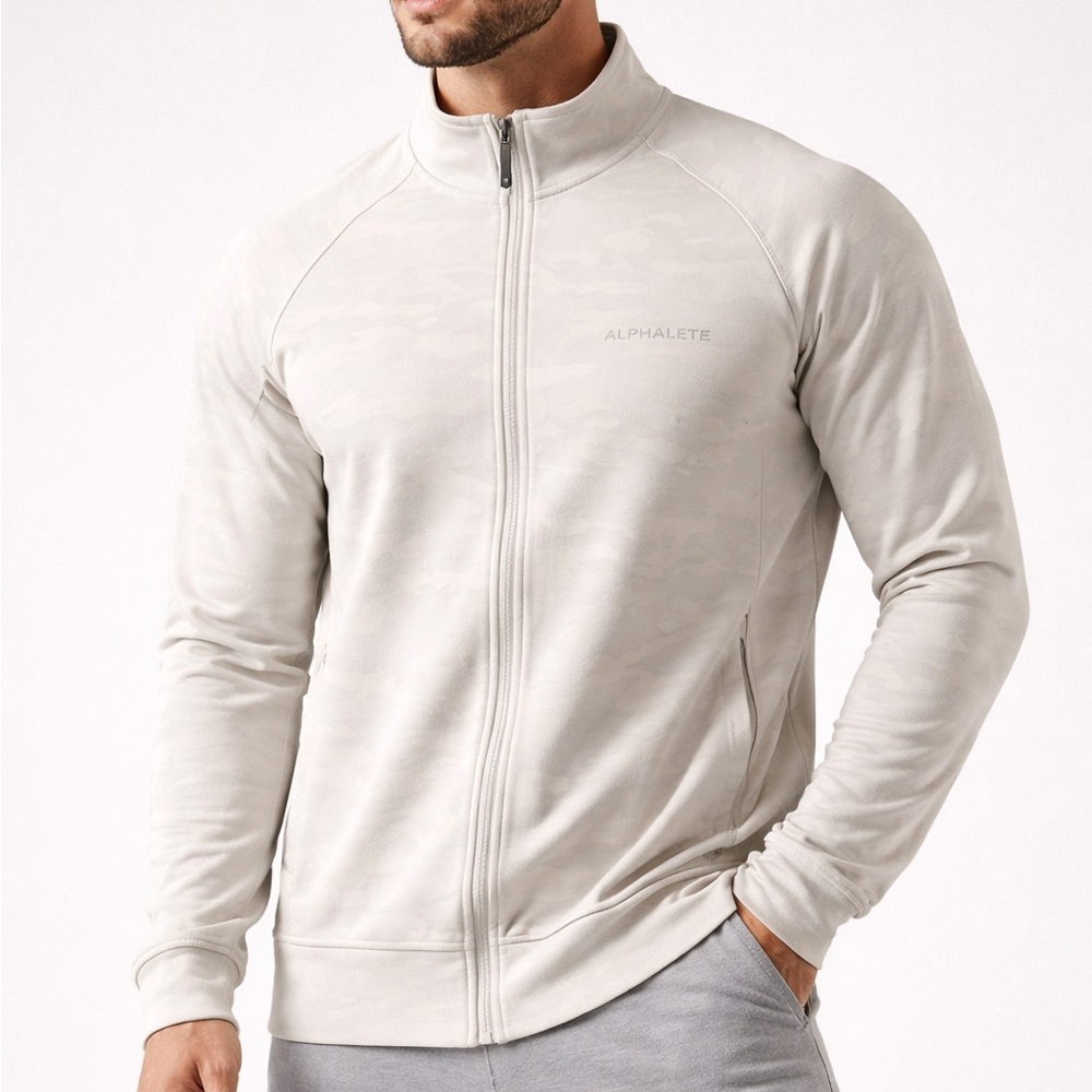 Alphalete Pro Elite Full Zip Jacket Cream Camo Athletic Gym Track Jacket Medium